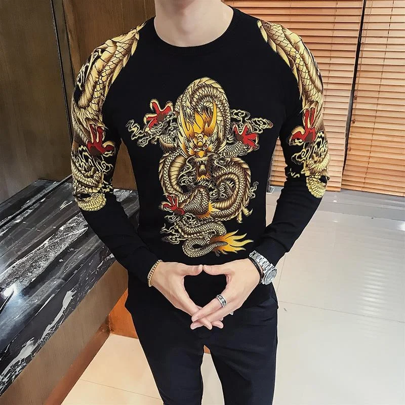 Patchwork Sweaters for Unique Design -Luxury Men's Gold Dragon Print Pullover O-neck Sweater for Club Party