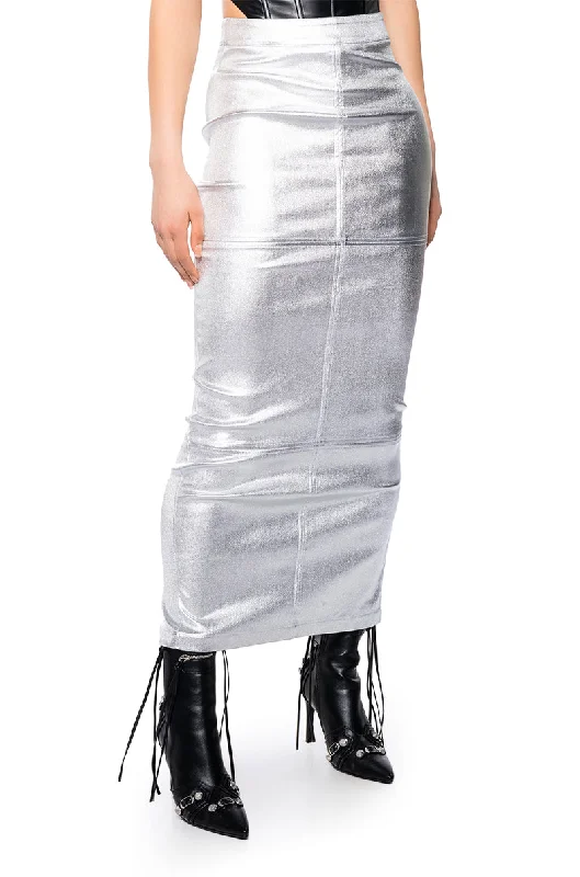 Stretch skirts for curvy figure flattery -KEHLANI METALLIC MAXI SKIRT