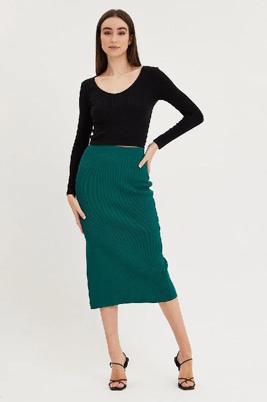 Ruffled skirts for soft romantic appeal -Green Knit Skirt Midi Side Split