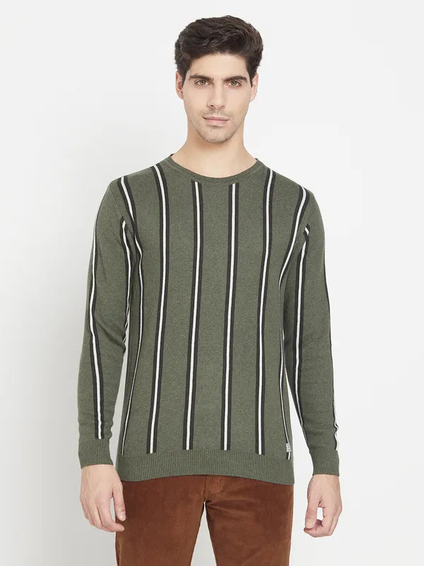 Pullover Sweaters for Easy - On - Off -Olive Green Black Striped Cotton Full Sleeve Pullover Sweater