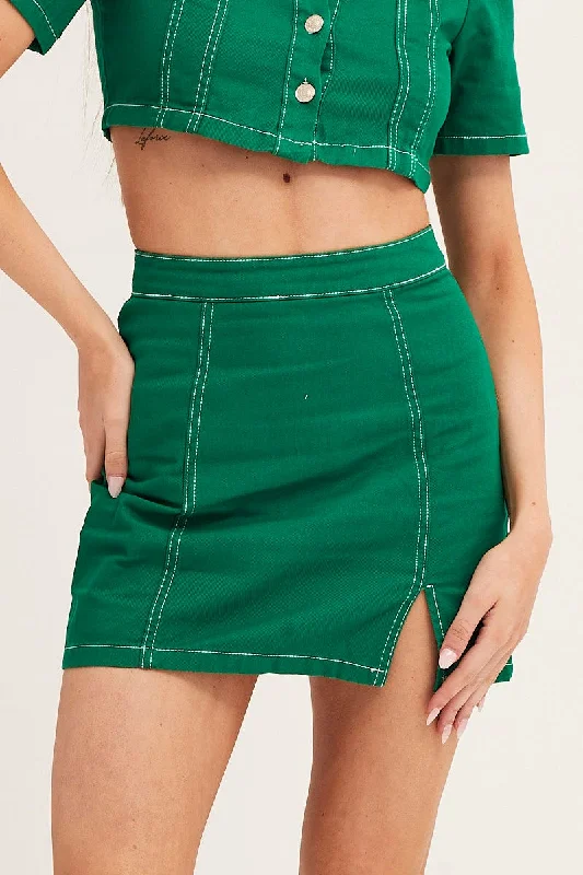 Luxury skirts with shimmering sequin details -Green Contrast Stitch Mini Skirt