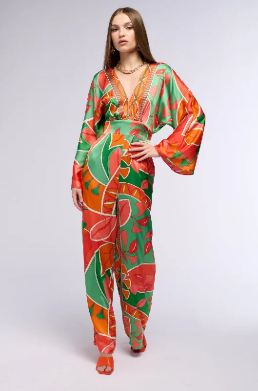 Wide Leg Pants with Drawstring -PRINCESS ORANGE PRINTED WIDE LEG JUMPSUIT