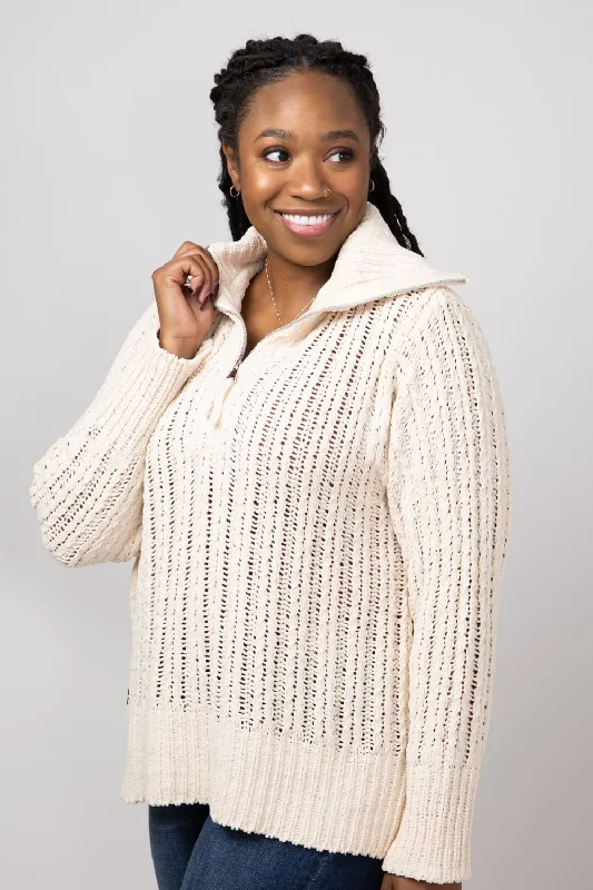 Office - Appropriate Sweaters for Work -Simply Southern So Soft Quarter Zip Sweater for Women in Parchment Cream | PP-0224-SWTR-SOSFT-PARCH