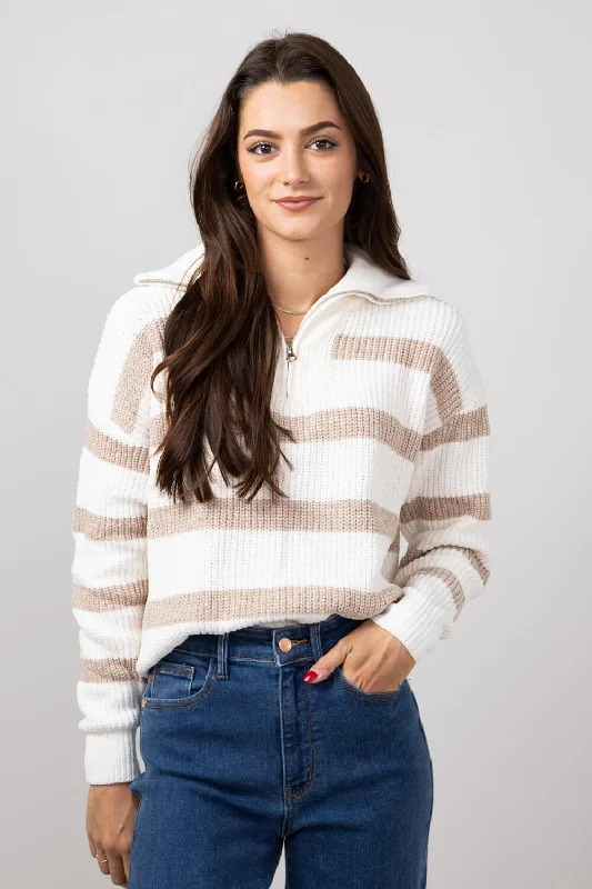 Round Neck Sweaters for Casual Comfort -Simply Southern Stripe Quarter Zip Sweater for Women in Desert Tan | PP-0224-SWTR-QTRZIP-DESERT