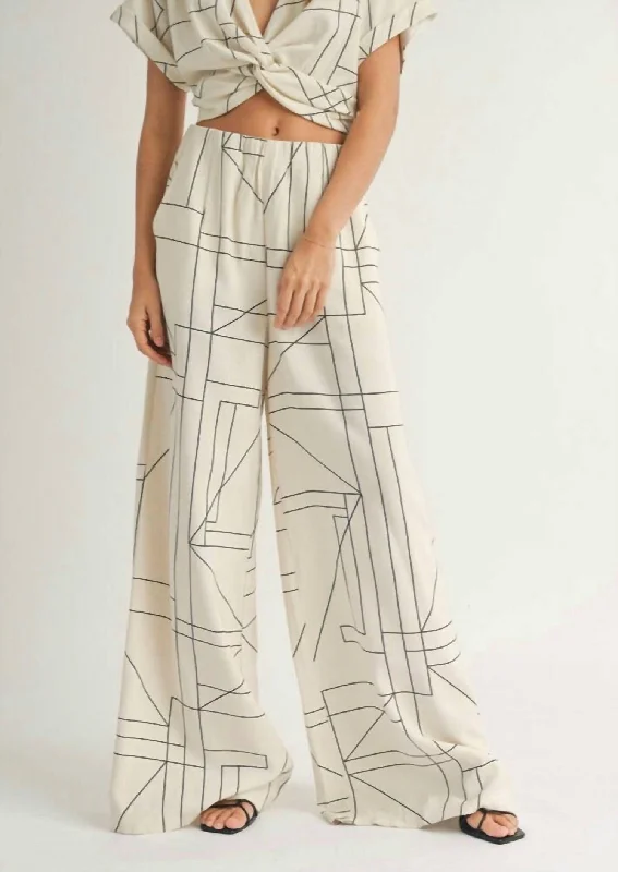 Wide Leg Pants for Christmas Celebrations -Geometric Wide Leg Pants In Cream/black