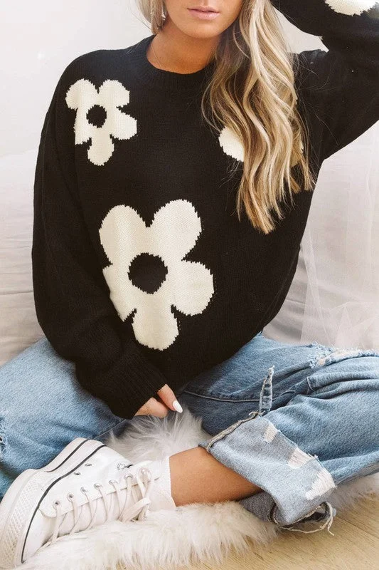 Acrylic Sweaters for Affordable Price -Floral Drop Shoulder Sweater (Black)