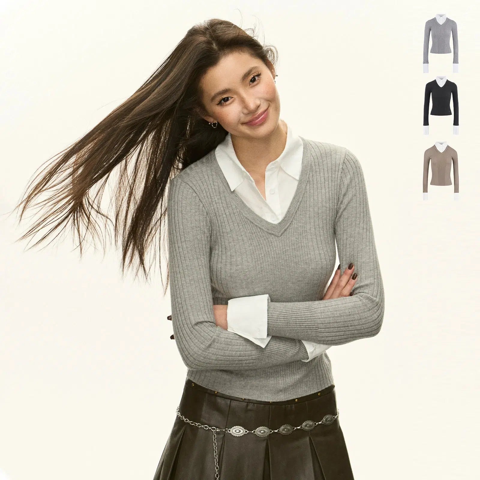 Lightweight Sweaters for Layering -Layered Cuff V-Neck Ribbed Knit Sweater