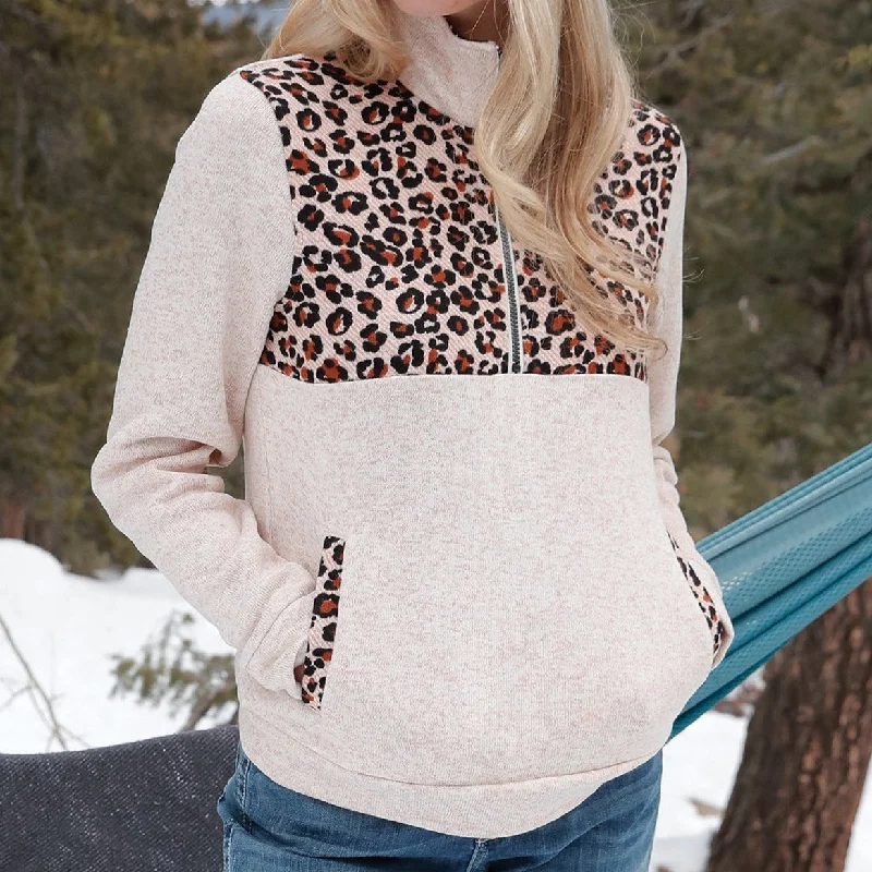 Buttons - Down Sweaters for Classic Style -Cruel Women's 1/2 Zip Cream & Leopard Print Sweater Knit Pullover