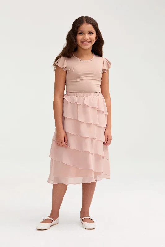 Trendy skirts with modern cutout designs -Tasnima Tiered Chiffon Skirt & Top Set (Girls)