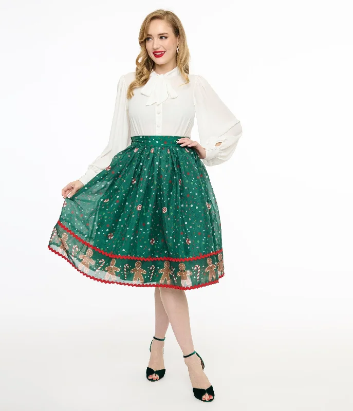 Patterned skirts with unique abstract art -Unique Vintage 1950s Green Gingerbread Border Brilliance Swing Skirt