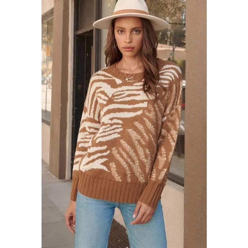 Eco - Friendly Sweaters for Green - Conscious -Women's Camel Zebra Printed Ribbed Hem Long Sleeves Pullover Sweater