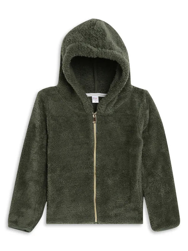 Machine - Washable Sweaters for Convenience -Mettle Girls Olive Green Solid Wool Hooded Front Open Sweater