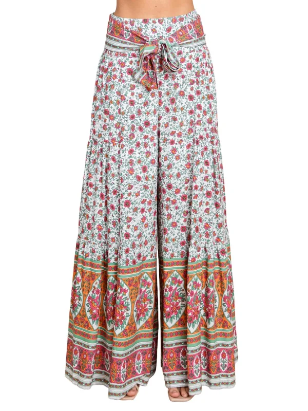 Zip Up Wide Leg Pants for Convenience -Floral Print Palazzo Wide Leg Pants In Off White