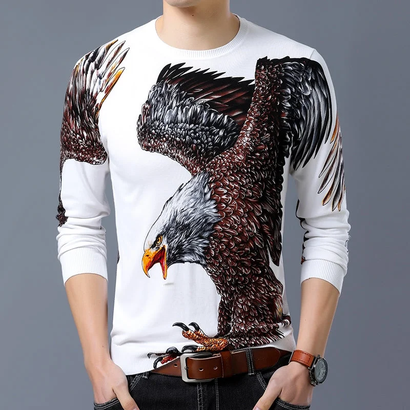 Office - Appropriate Sweaters for Work -Luxury Fashion Men's Gold Eagle Print O-neck Pullover Knitted Sweater