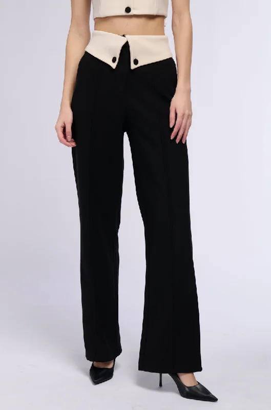 Pink Wide Leg Pants for Feminine -ADELE BUTTON DETAIL FOLDED WAIST WIDE LEG TROUSER