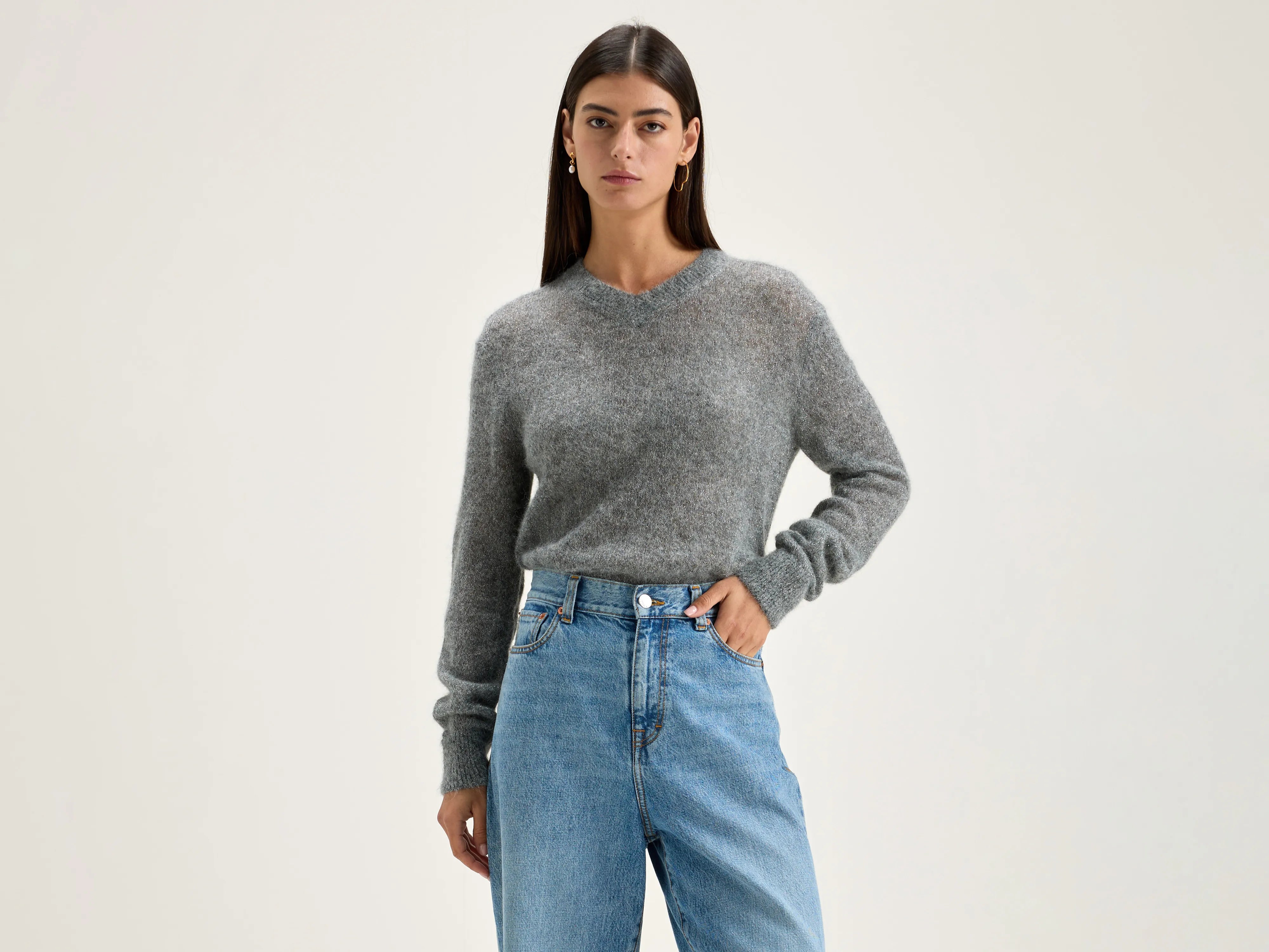 Ribbed Sweaters for Textured Look -Kilux v-neck sweater (242 / W / MID GREY)