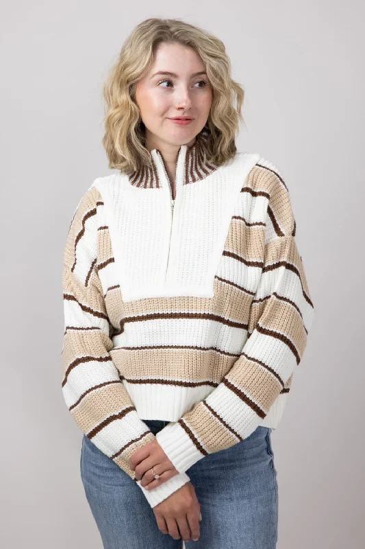 Embroidered Sweaters for Detailed Decoration -Colorblock Half Zip Striped Sweater for Women in Ecru | KSW1890-ECRU