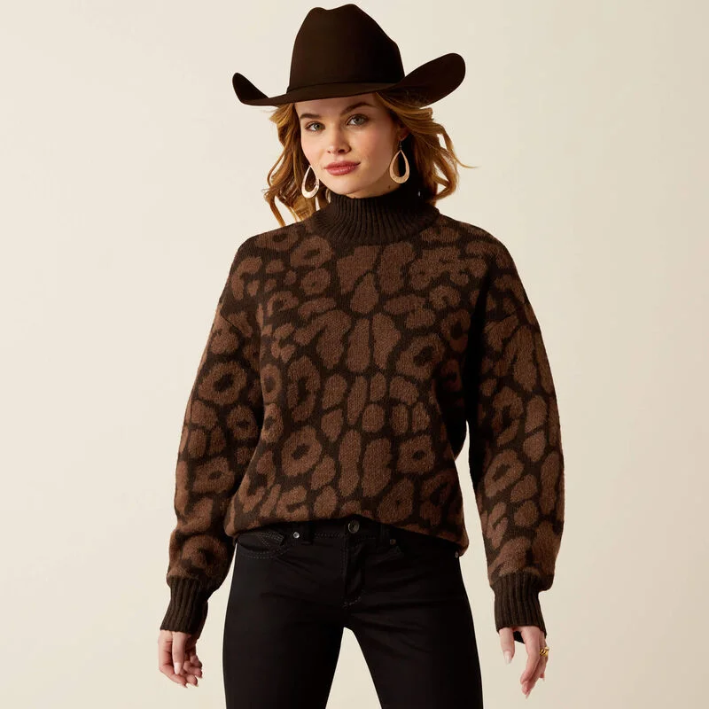 Long - Length Sweaters for Elegant Drape -Ariat Women's Moda Turtle Neck Sweater in Mole Leopard