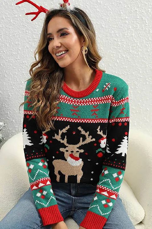 Open - Neck Sweaters for Airy Feel -Green Christmas Tree Reindeer Christmas Sweater