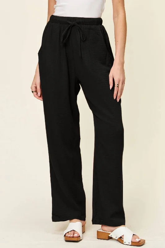 Texture Drawstring Straight Pants In Black