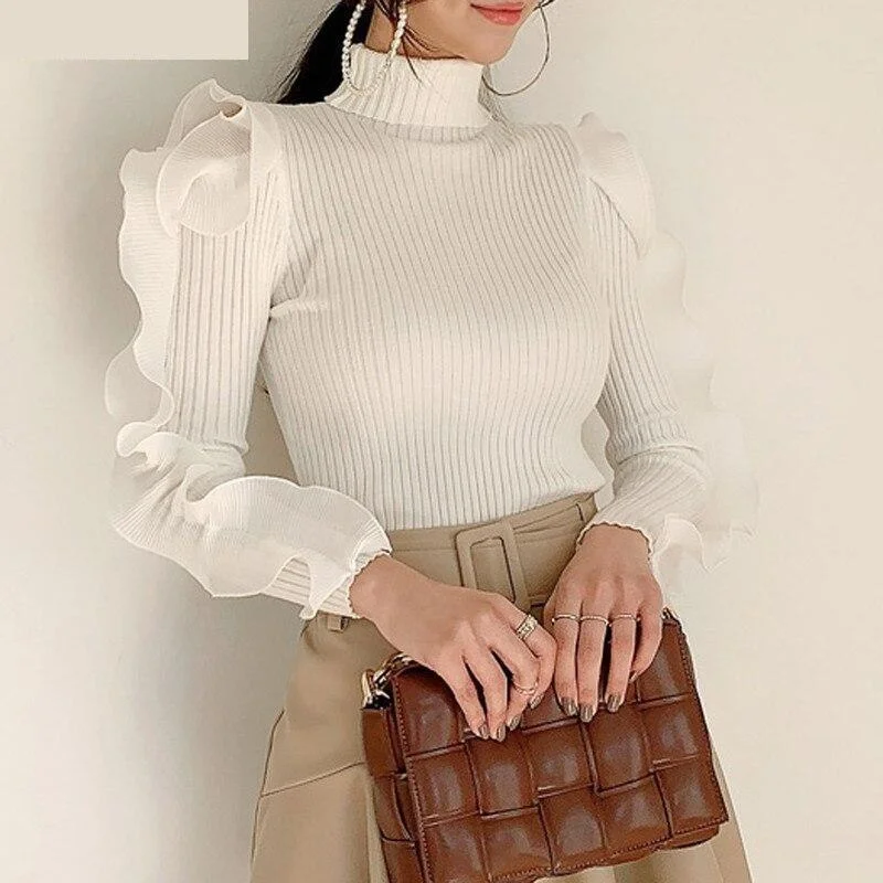 Regular - Fit Sweaters for Standard Size -Female Solid Hollow-out Ruffles Long Sleeves Turtleneck Pullover Sweaters