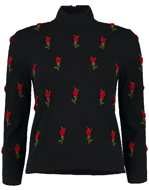 Breathable Sweaters for Comfort -Rose Embroidered Starlet Sweater