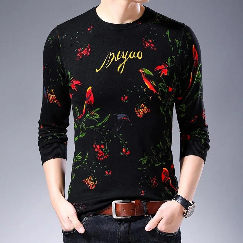 Vintage - Style Sweaters for Retro Look -Spring Men's Paint Print O-Neck Slim Fit Computer Knitted Pullover Sweater