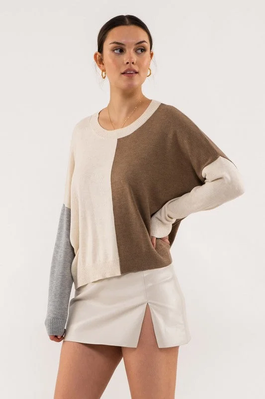 Short - Hemmed Sweaters for Youthful Look -Color Block Sweater (Tan)