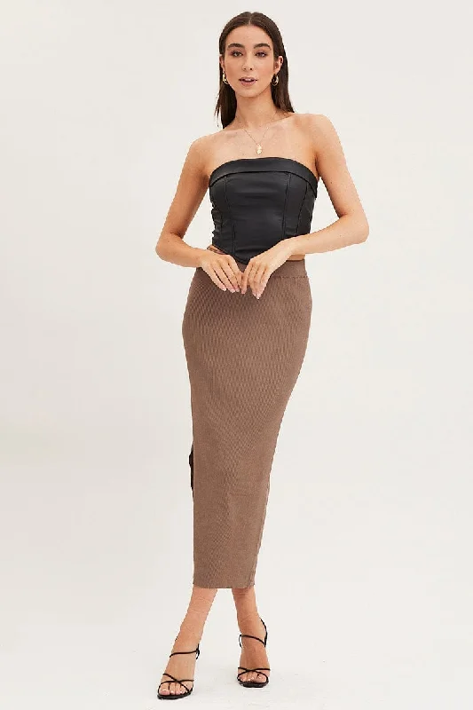 Stretchy mini skirts for flexible movement -Brown Knit Skirt Midi High Rise