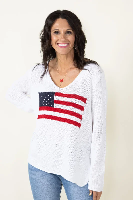 Non - Itchy Sweaters for Sensitive Skin -Miracle Knit American Flag Sweater for Women in Ivory | F173-IVORY