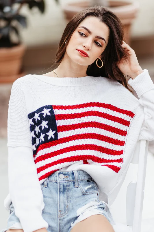 Fleece - Lined Sweaters for Warmth -Miracle Knit American Flag Sweater for Women in White | M8167-IVORY