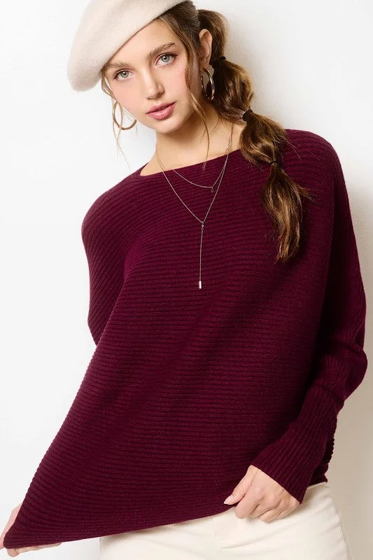 Waffle - Knit Sweaters for Chunky Texture -Ribbed Boatneck Bubble Sleeve Sweater (Burgundy)