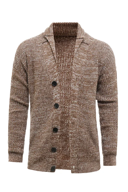 Checkered Sweaters for Casual Vibe -Khaki Shawl Collar Long Sleeves Loose Fit Men's Cardigan Sweater