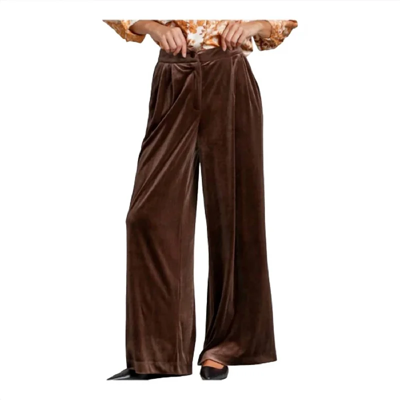 Wide Leg Pants with Ruffles -Velvet Wide Leg Pants In Brown