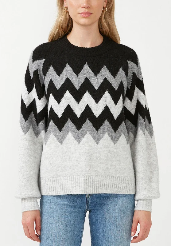 Ribbed Sweaters for Textured Look -Nerissa Women's Crewneck Sweater in Black & Grey Chevron Print - SW0023F