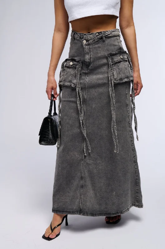 Stretchy mini skirts for flexible movement -LOVE HATE THING DENIM MAXI SKIRT