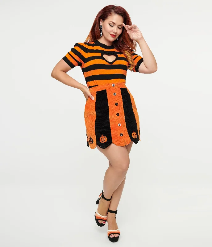 Affordable skirts for budget-friendly wardrobe updates -Smak Parlour 1960s Orange & Black Pumpkin Corduroy Mini Skirt