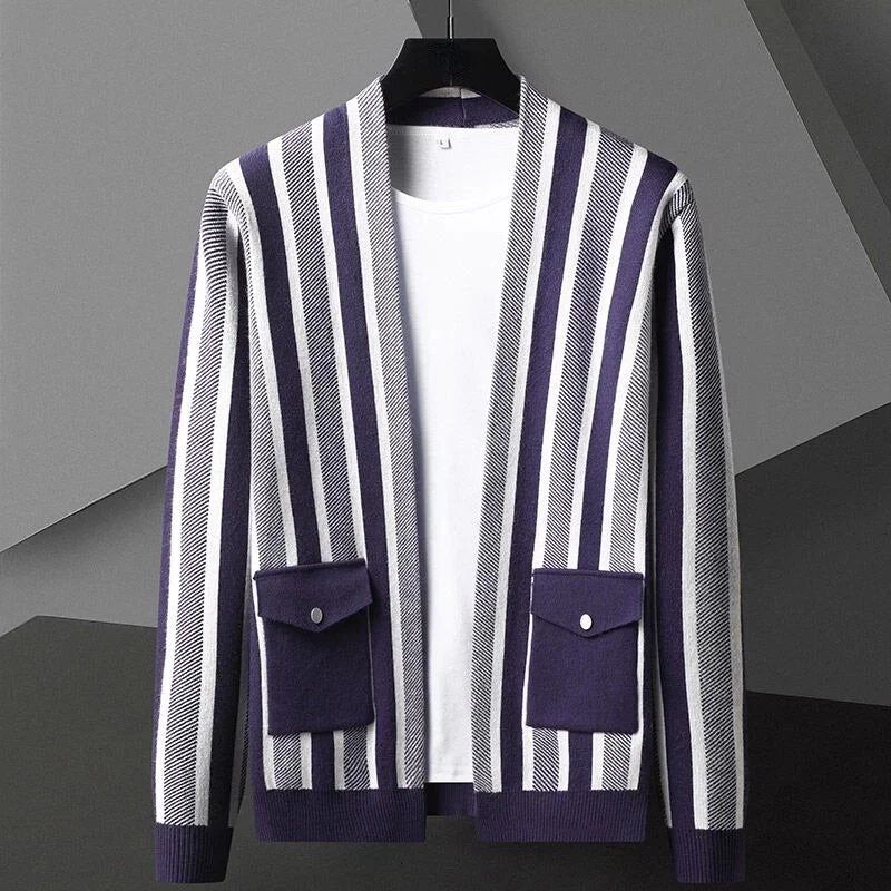 Bell - Sleeve Sweaters for Fashionable Look -Korean Fashion Men's Plus Size Striped O-Neck Pocket Knitted Cardigan Sweater