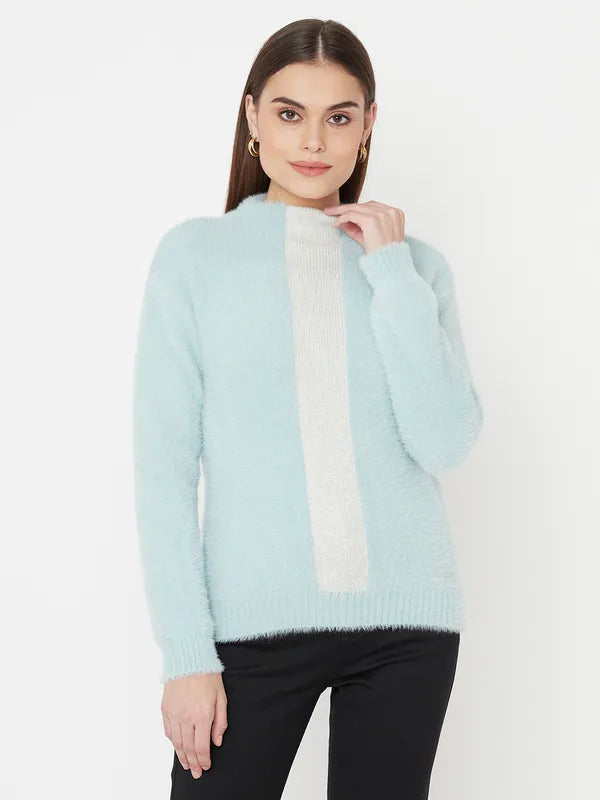 Boat Neck Sweaters for Chic Style -Blue White Full Sleeve Pullover Sweater