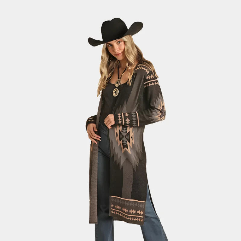 Sequined Sweaters for Glamorous Look -Rock and Roll Denim Aztec Print Duster Sweater