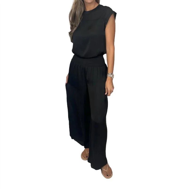 Wide Leg Pants with Wide Belt -Smocked Waist Satin Wide Leg Pants In Black