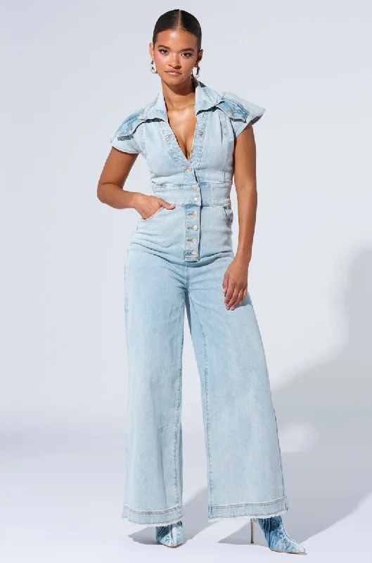 Wide Leg Pants with Pleats -COOL GIRL WIDE LEG DENIM JUMPSUIT