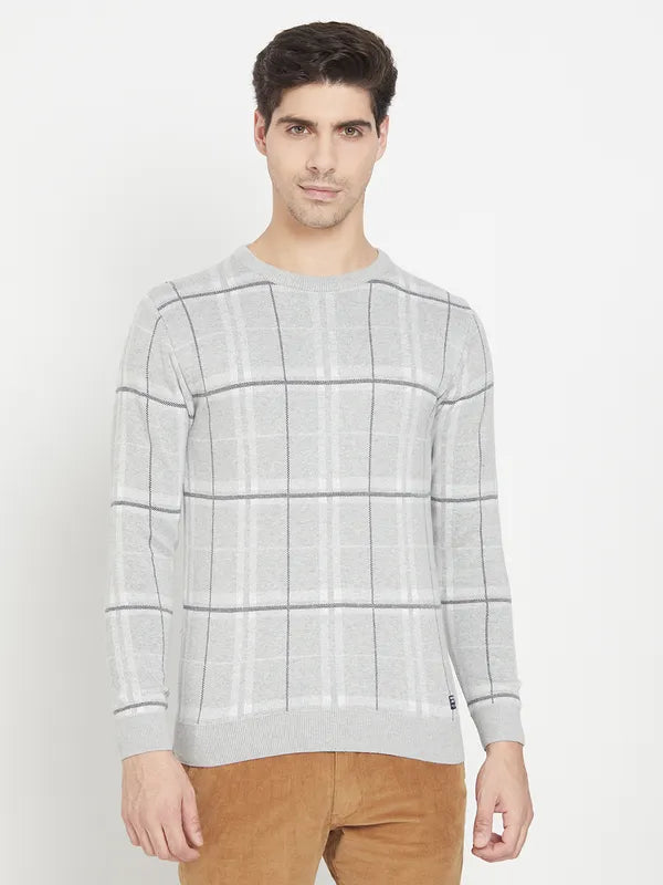 Split - Neck Sweaters for Unique Neckline -Grey White Checked Cotton Full Sleeve Pullover Sweater