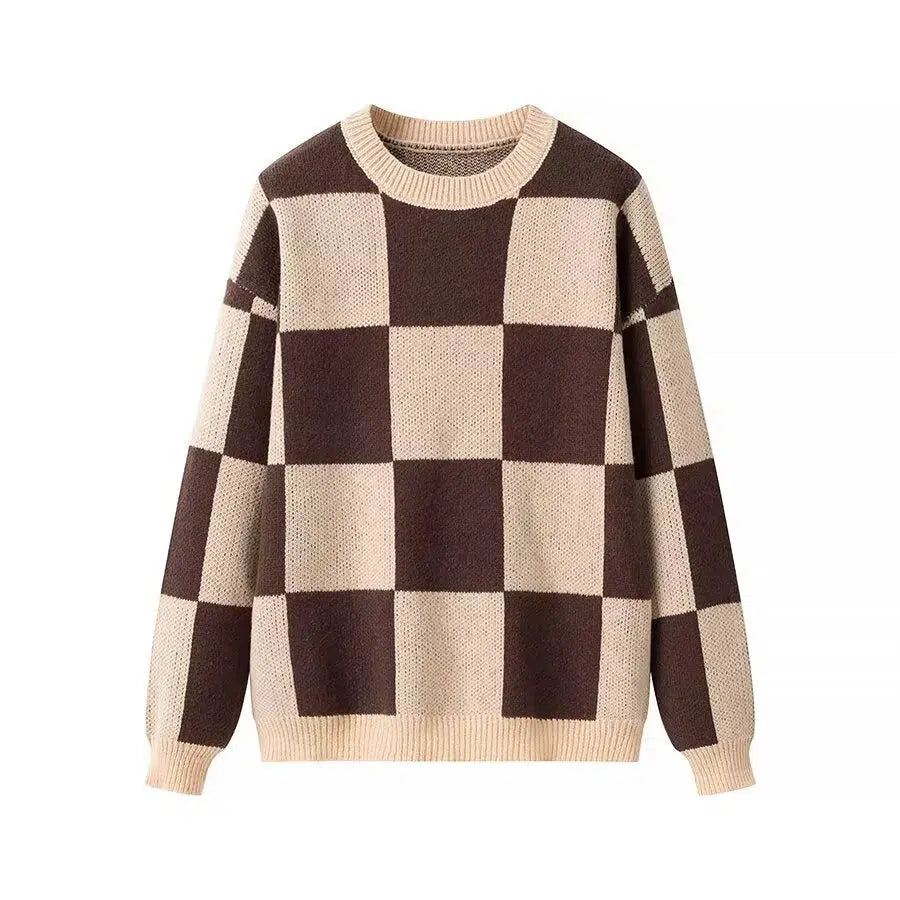 Vintage - Style Sweaters for Retro Look -Checkered Knit Sweater