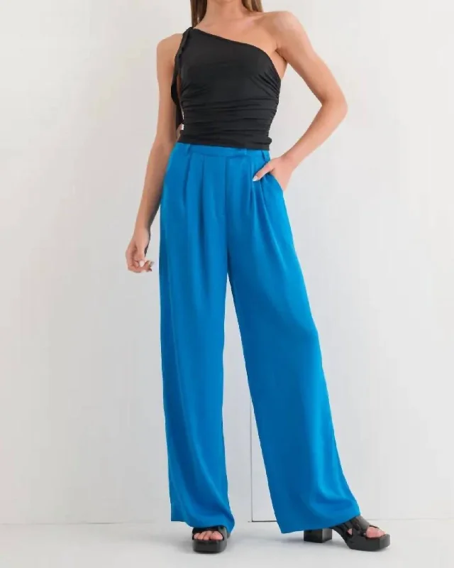 Wide Leg Pants with Ankle Cuffs -Pin Tuck Wide Leg Pants In Cerulean Blue