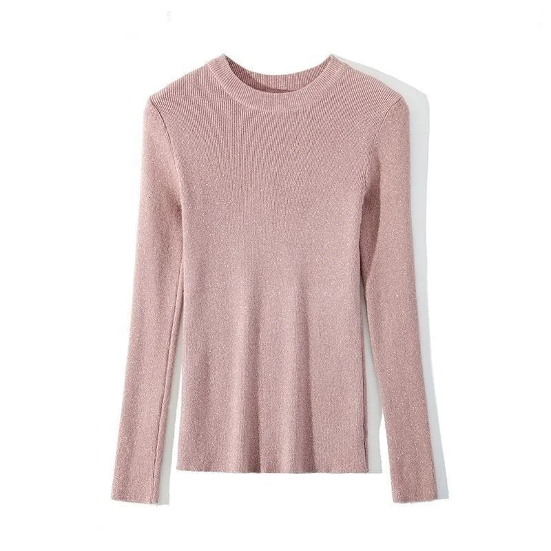 Dry - Clean Only Sweaters for Special Care -Women's Korean Style Shiny Autumn Winter Long Sleeve Pullover Basic Sweater