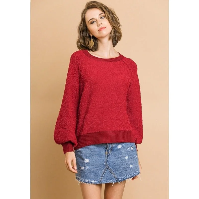 V - Neck Sweaters for Slimming Effect -Women's Cherry Red Puff Long Sleeves Boat Neck Sweater Top Outerwear