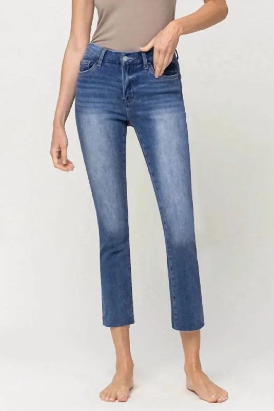 Mid Rise Crop Stretch Slim Straight Jeans In Blue