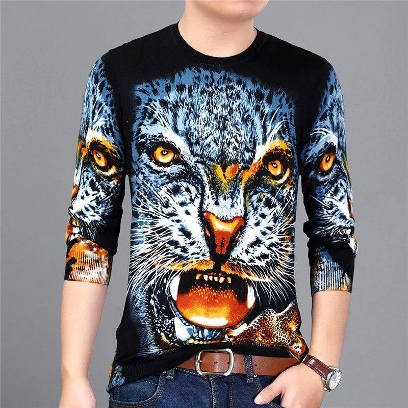 Outdoor - Activity Sweaters for Hiking -Spring Men's Animal Print O-Neck Slim Fit Computer Knitted Pullover Sweater