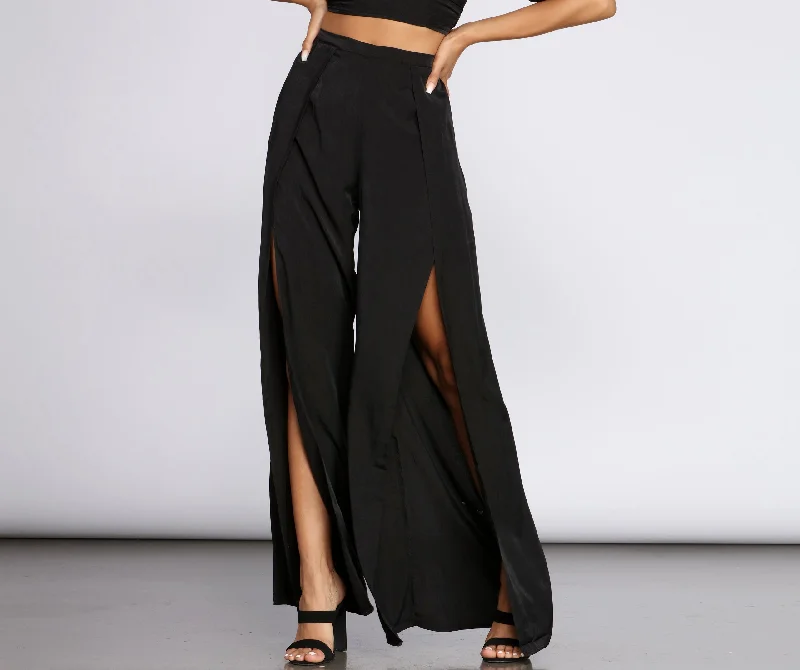 Wide Leg Pants for Garden Parties -Flirty Front Slit Wide Leg Pants